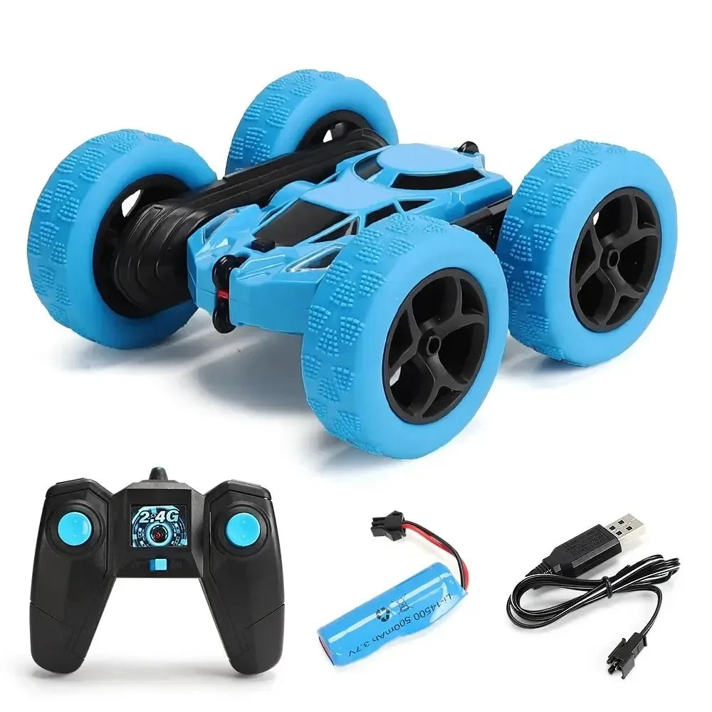 Remote Control Stunt Off-Road Car toy powered by lithium batteries, charger, remote controller, USB cable, and operating instructions.