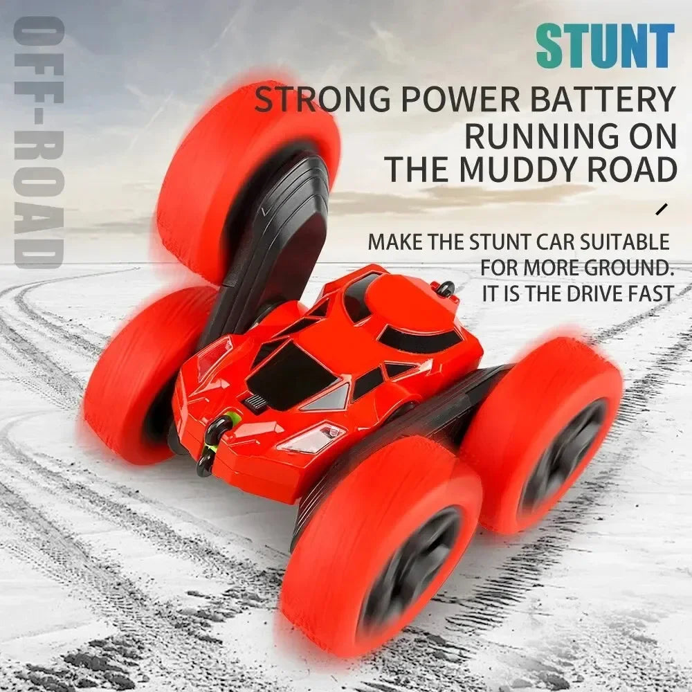 Remote Control Stunt Off-Road Car toy powered by lithium batteries, charger, remote controller, USB cable, and operating instructions.
