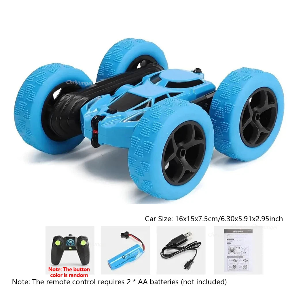 Remote Control Stunt Off-Road Car toy powered by lithium batteries, charger, remote controller, USB cable, and operating instructions.