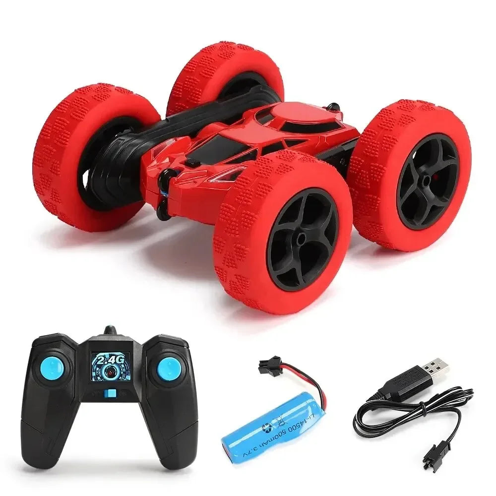 Remote Control Stunt Off-Road Car toy powered by lithium batteries, charger, remote controller, USB cable, and operating instructions.