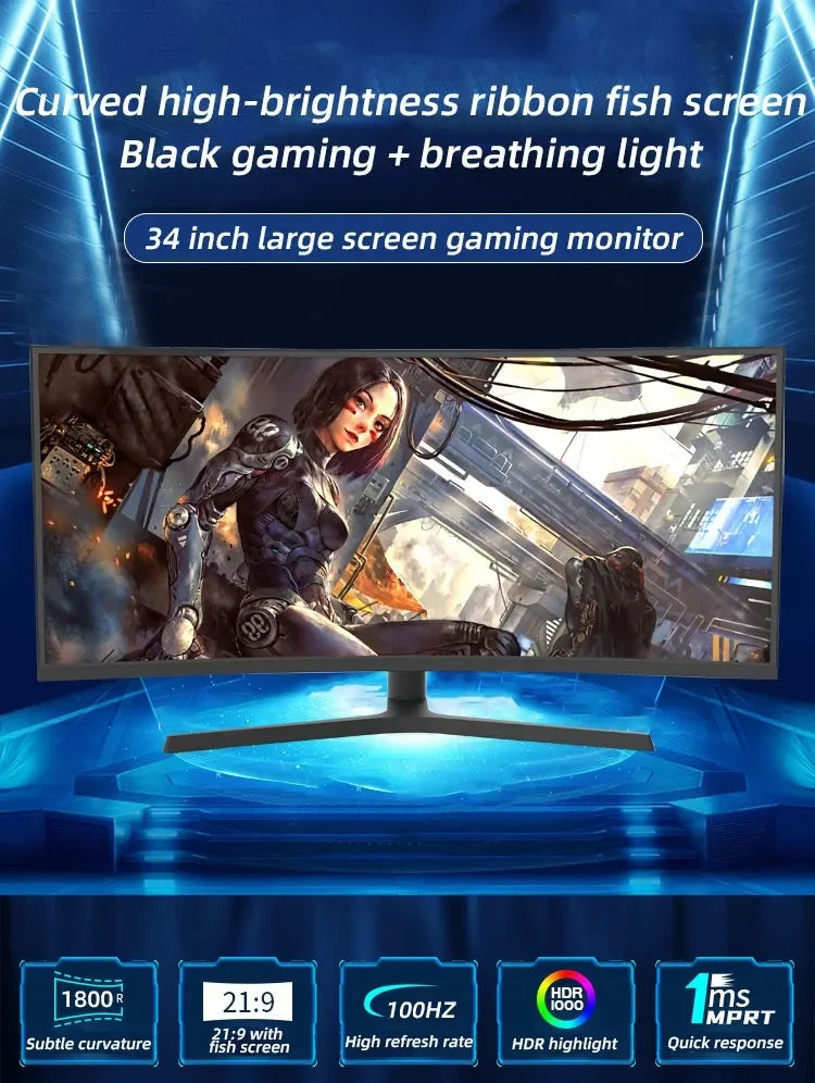 computer monitor LCD screen 34" Curved 4K Monitor – 100Hz/165Hz HDMI & Display Port inputs