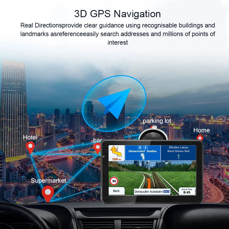 GPS Navigation System Sunshade 7 Inch Touch Screen GPS  built-in charger, FM transmitter, multimedia support for MP3, MP4, and various video formats