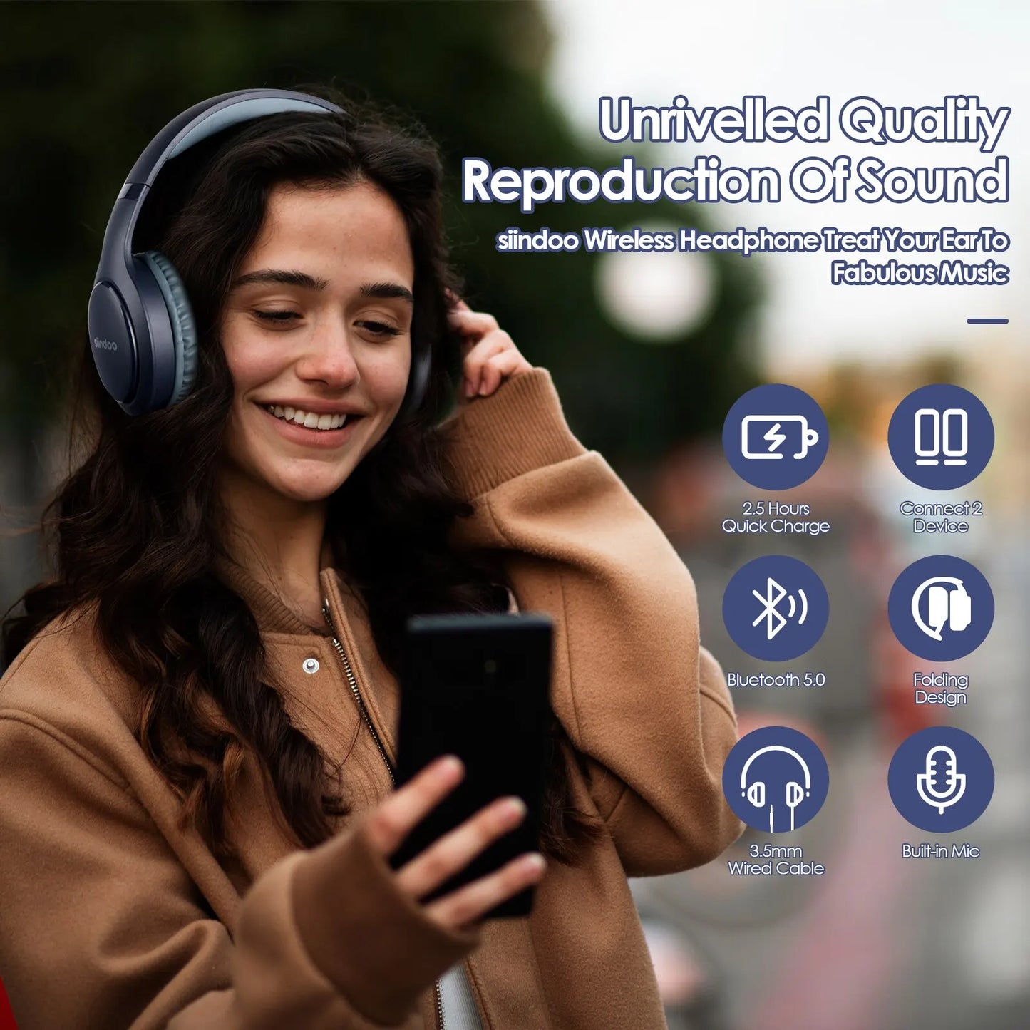 Wireless Bluetooth Headphones Foldable Stereo, Type-C charging port