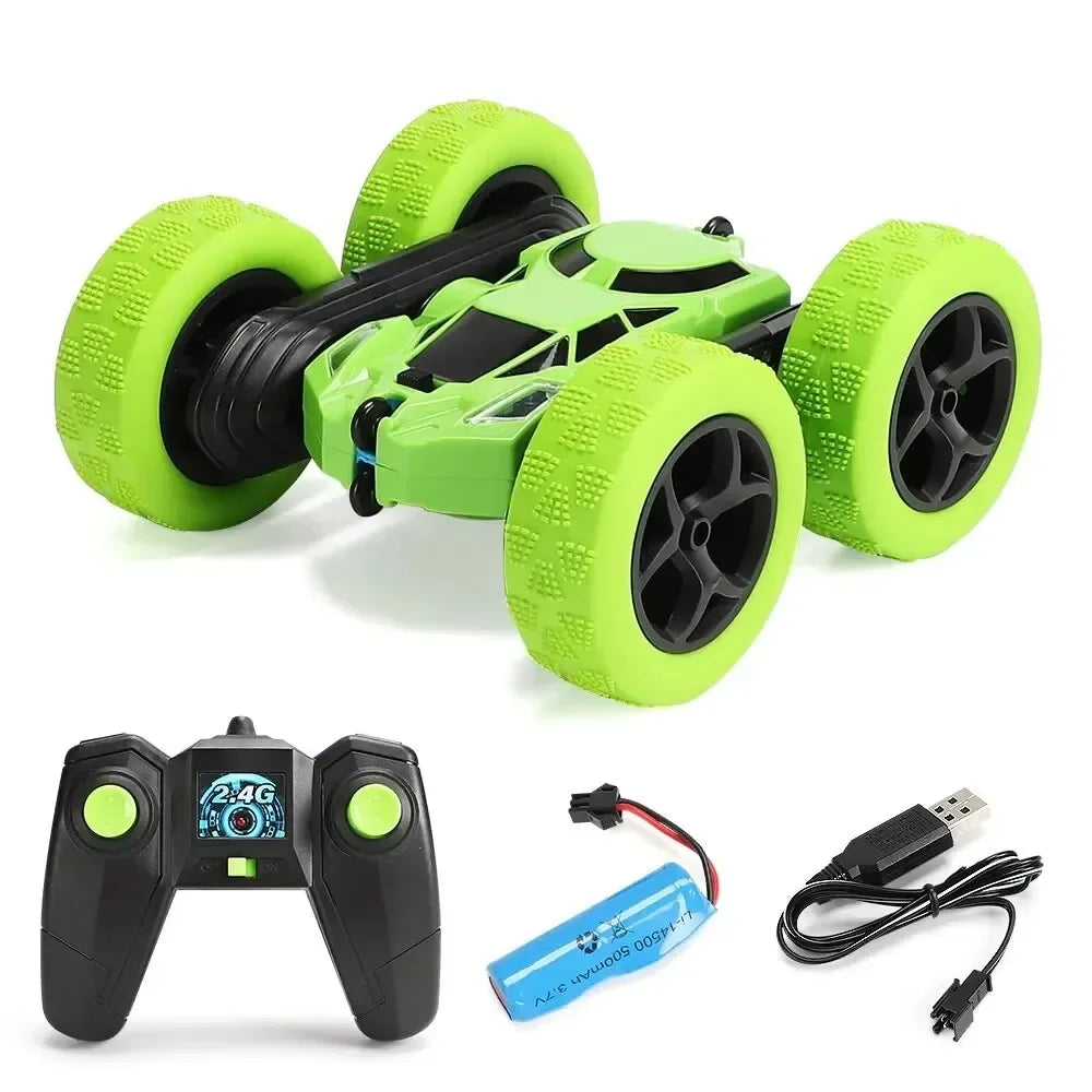 Remote Control Stunt Off-Road Car toy powered by lithium batteries, charger, remote controller, USB cable, and operating instructions.