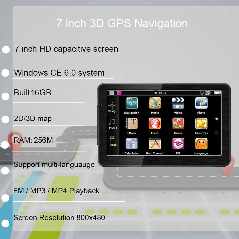 GPS Navigation System Sunshade 7 Inch Touch Screen GPS  built-in charger, FM transmitter, multimedia support for MP3, MP4, and various video formats