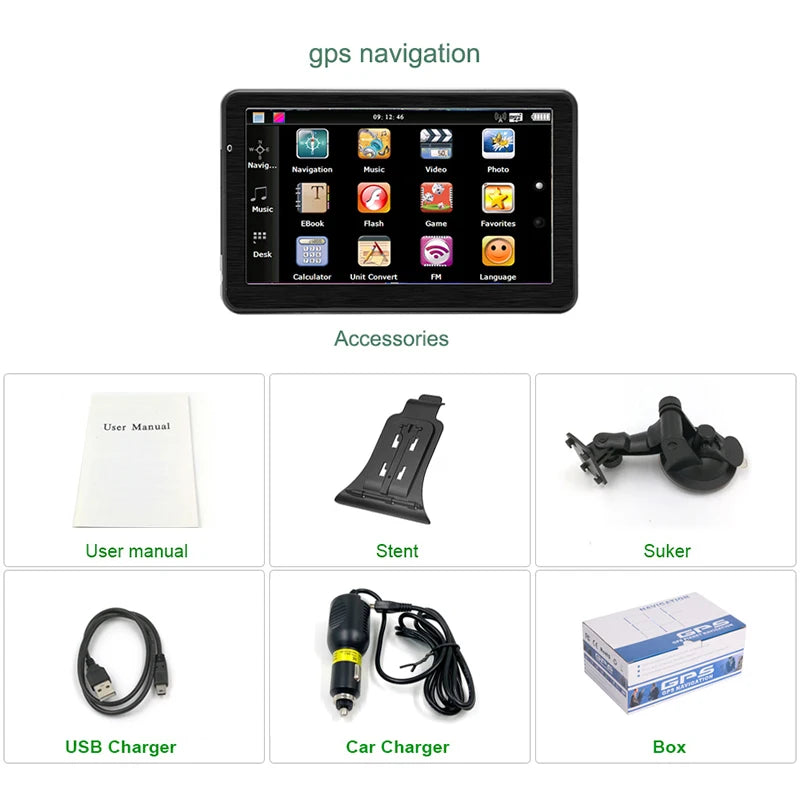 GPS Navigation System Sunshade 7 Inch Touch Screen GPS  built-in charger, FM transmitter, multimedia support for MP3, MP4, and various video formats