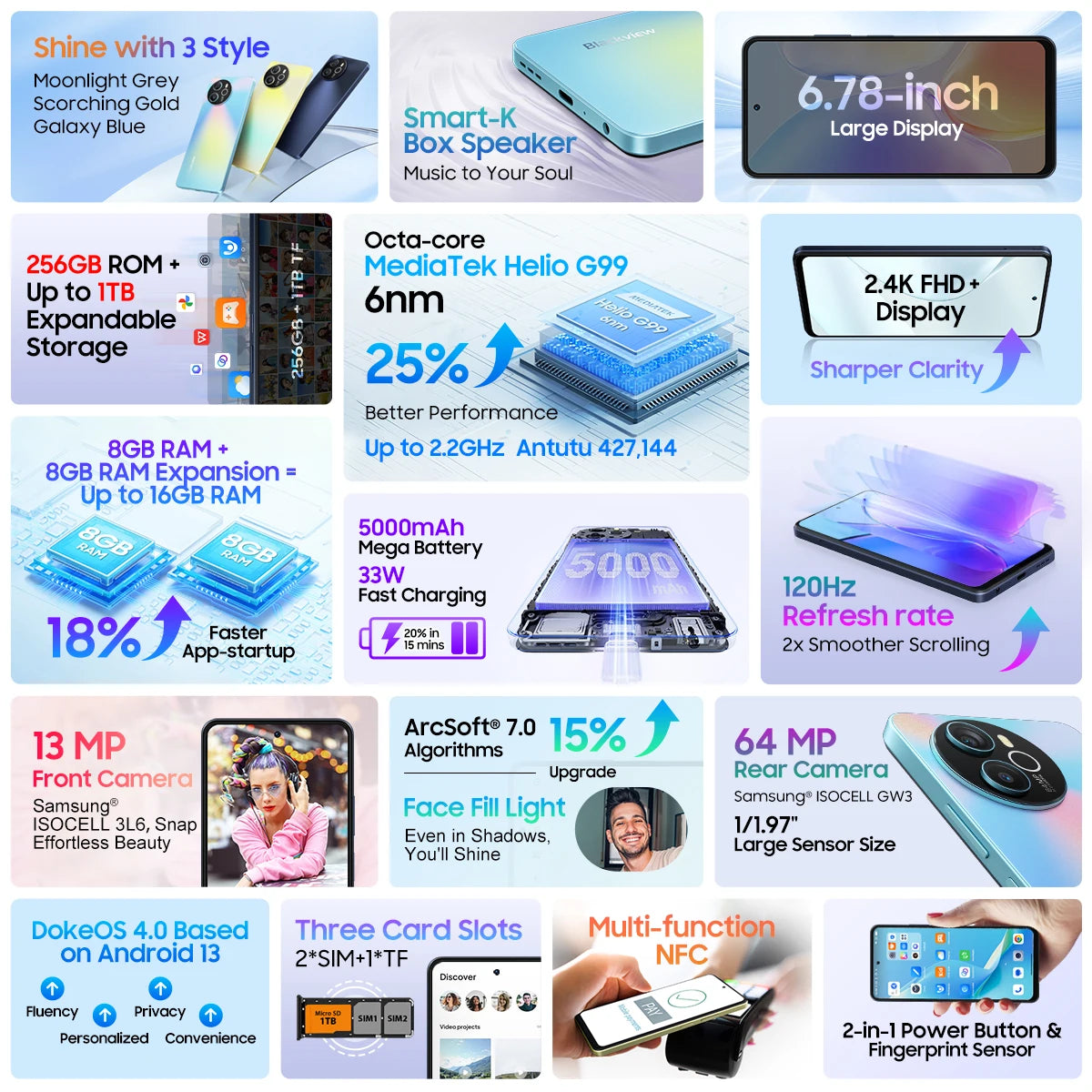 Blackview SHARK 8 Smartphone Android 13 cellphone dual sim, NFC, MTK Helio G99 processor for smooth gaming performance