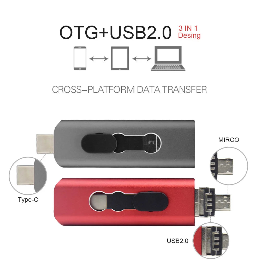 Metal USB Flash Drive 3 IN 1 USB 2.0 & Type C & Micro USB Stick OTG Pen Drive 128GB 64GB 32GB 16GB 8G Pendrive U Disk