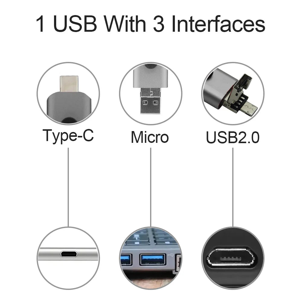 Metal USB Flash Drive 3 IN 1 USB 2.0 & Type C & Micro USB Stick OTG Pen Drive 128GB 64GB 32GB 16GB 8G Pendrive U Disk