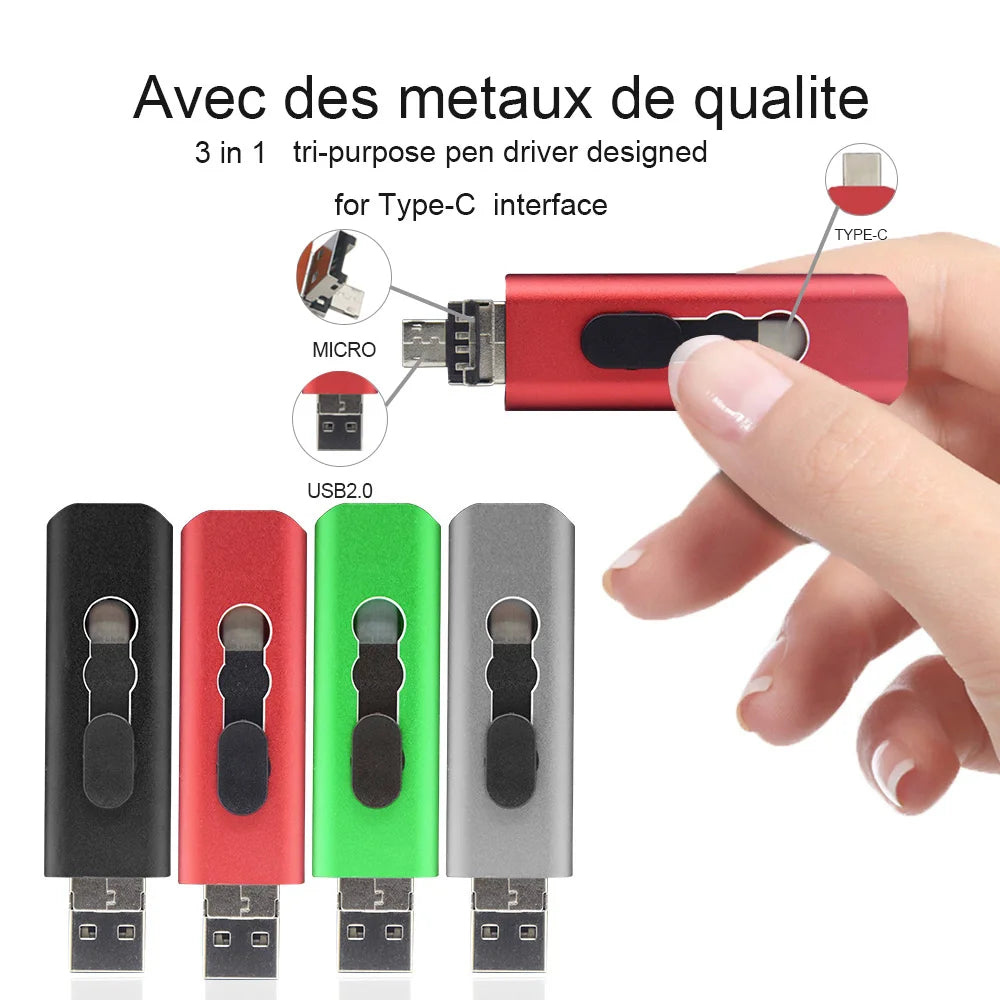 Metal USB Flash Drive 3 IN 1 USB 2.0 & Type C & Micro USB Stick OTG Pen Drive 128GB 64GB 32GB 16GB 8G Pendrive U Disk