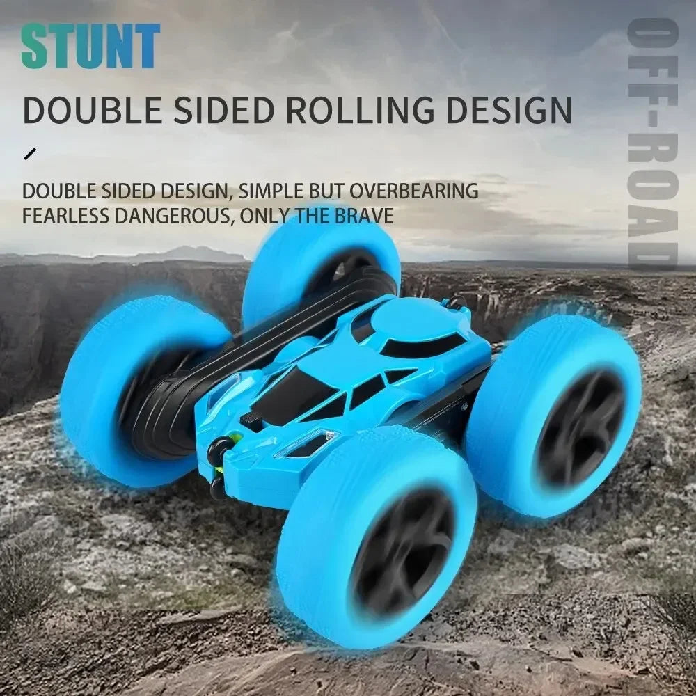 Remote Control Stunt Off-Road Car toy powered by lithium batteries, charger, remote controller, USB cable, and operating instructions.