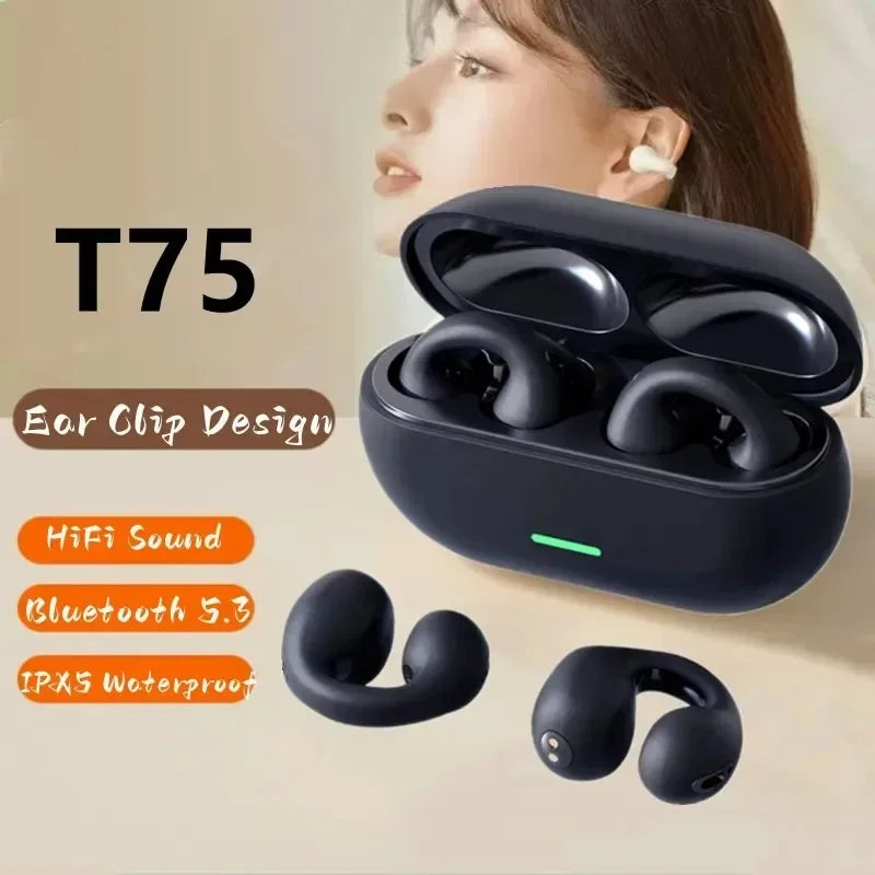 White Earbuds Bluetooth 5.3 Bone Conduction Headphones T75 Sports and Gaming earphones Bluetooth Video Game headset