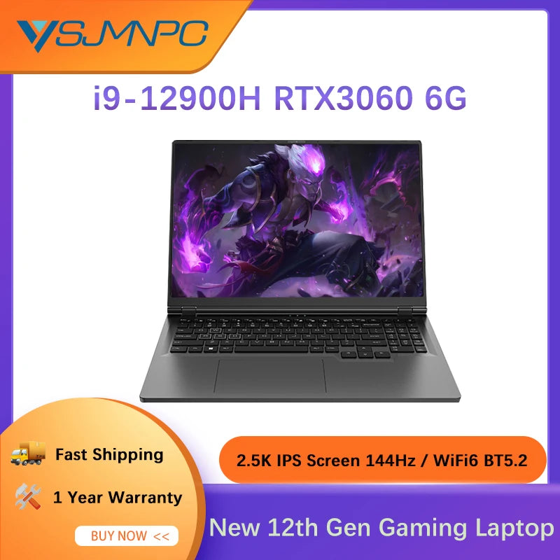 Gaming Laptop computer 16.1 Inch Gamer Computer Intel i9-12900H NVIDIA RTX 3060 6G Windows10/11 2.5K IPS Screen 144Hz RGB Gaming Laptop