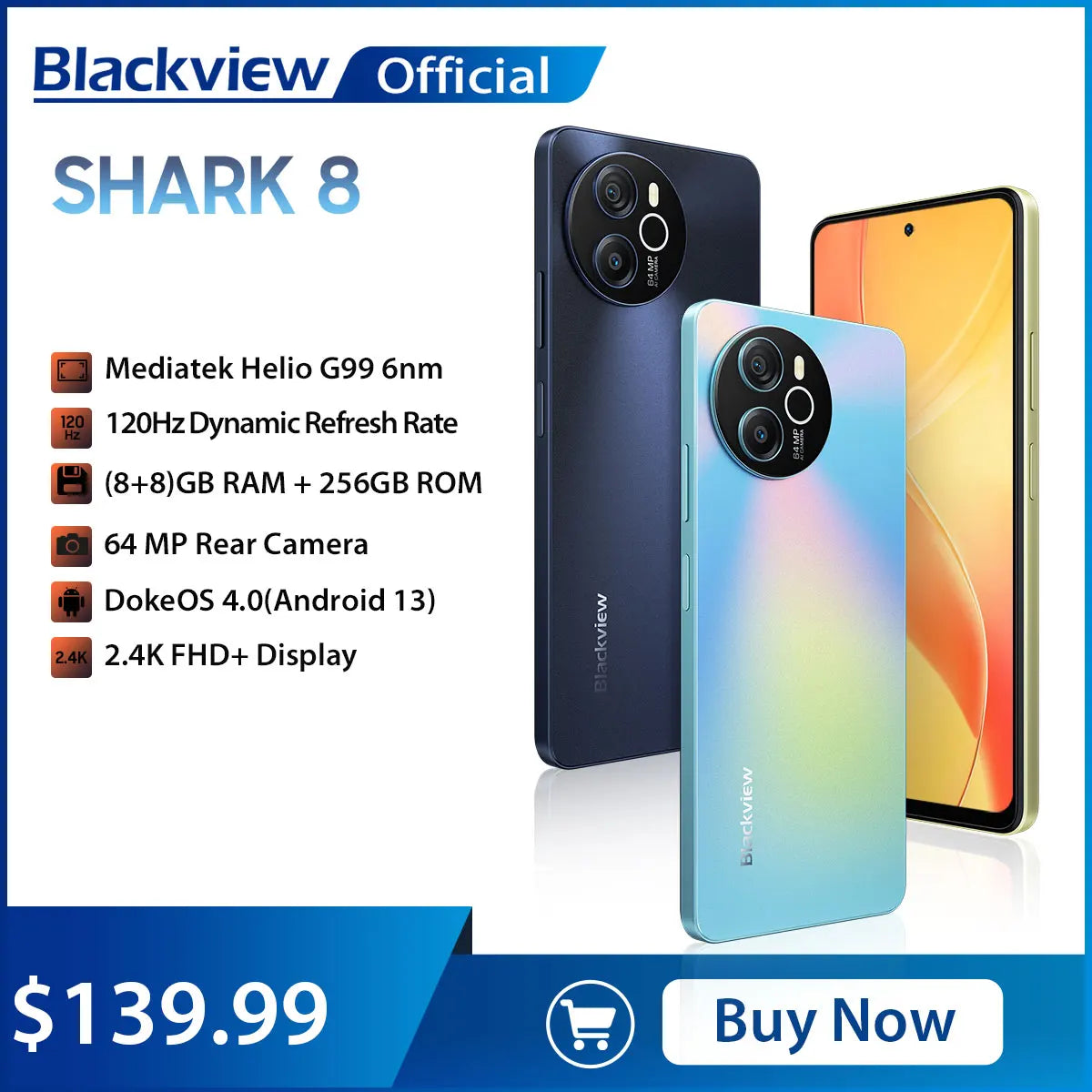 Blackview SHARK 8 Smartphone Android 13 cellphone dual sim, NFC, MTK Helio G99 processor for smooth gaming performance