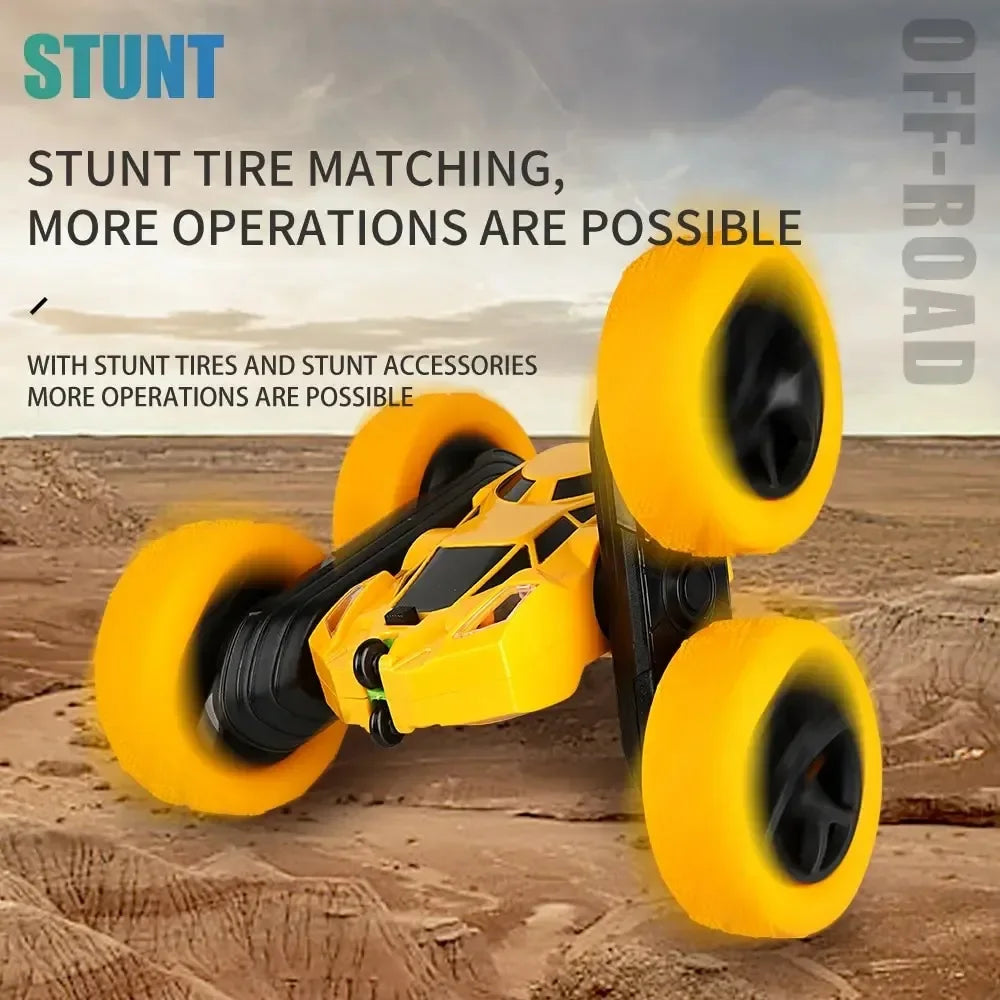 Remote Control Stunt Off-Road Car toy powered by lithium batteries, charger, remote controller, USB cable, and operating instructions.