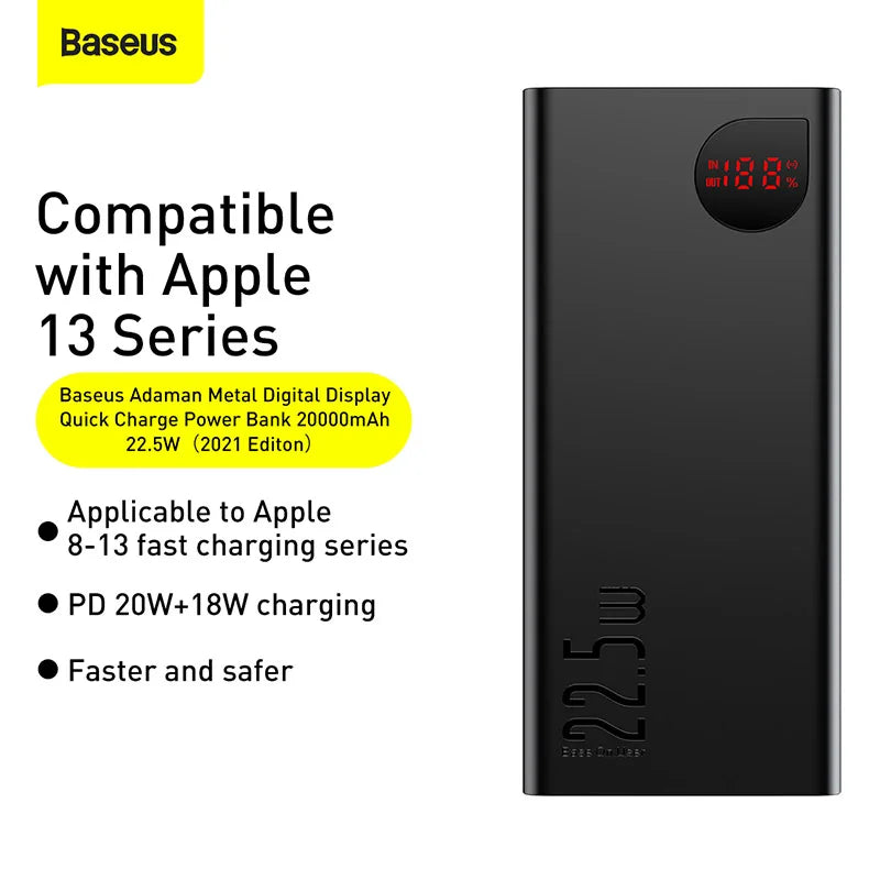 Power bank by BASEUS 20000mAh Portable Charging Power Bank cellphone charger iPhone 14 series, Samsung S20, Huawei P40, Xiaomi Redmi