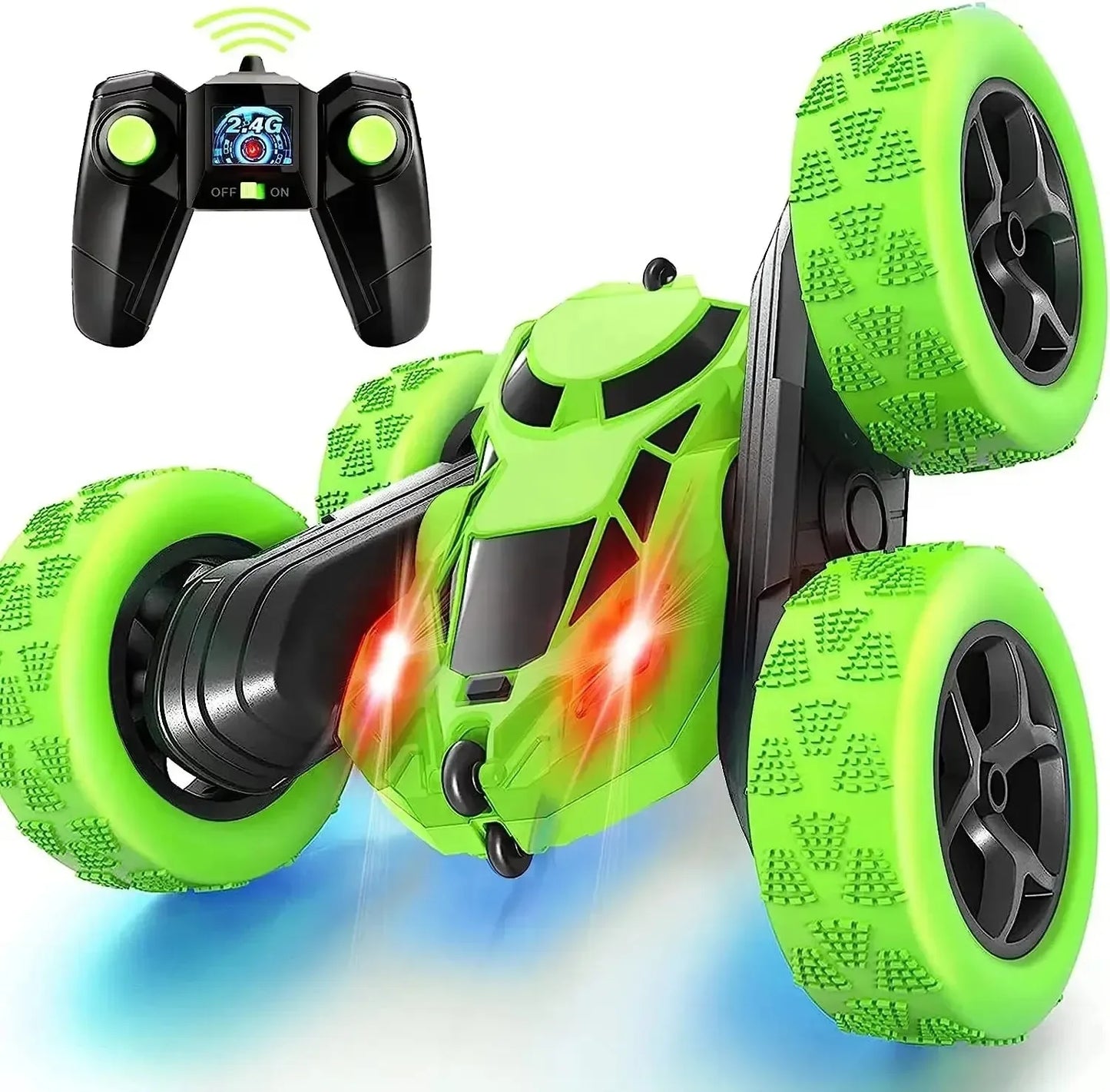 Remote Control Stunt Off-Road Car toy powered by lithium batteries, charger, remote controller, USB cable, and operating instructions.