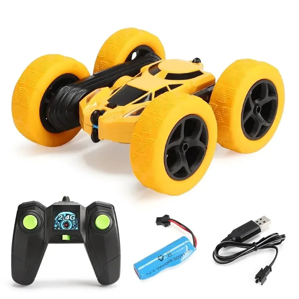 Remote Control Stunt Off-Road Car toy powered by lithium batteries, charger, remote controller, USB cable, and operating instructions.