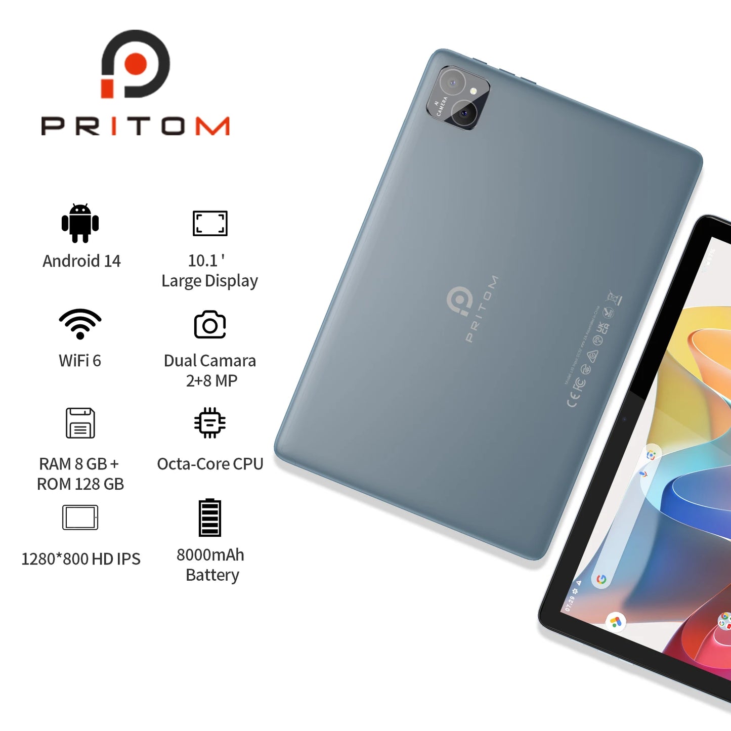 PRITOM TAB11 Powerful 10" Android 14 Tablet with 5G WiFi6 & 8000mAh