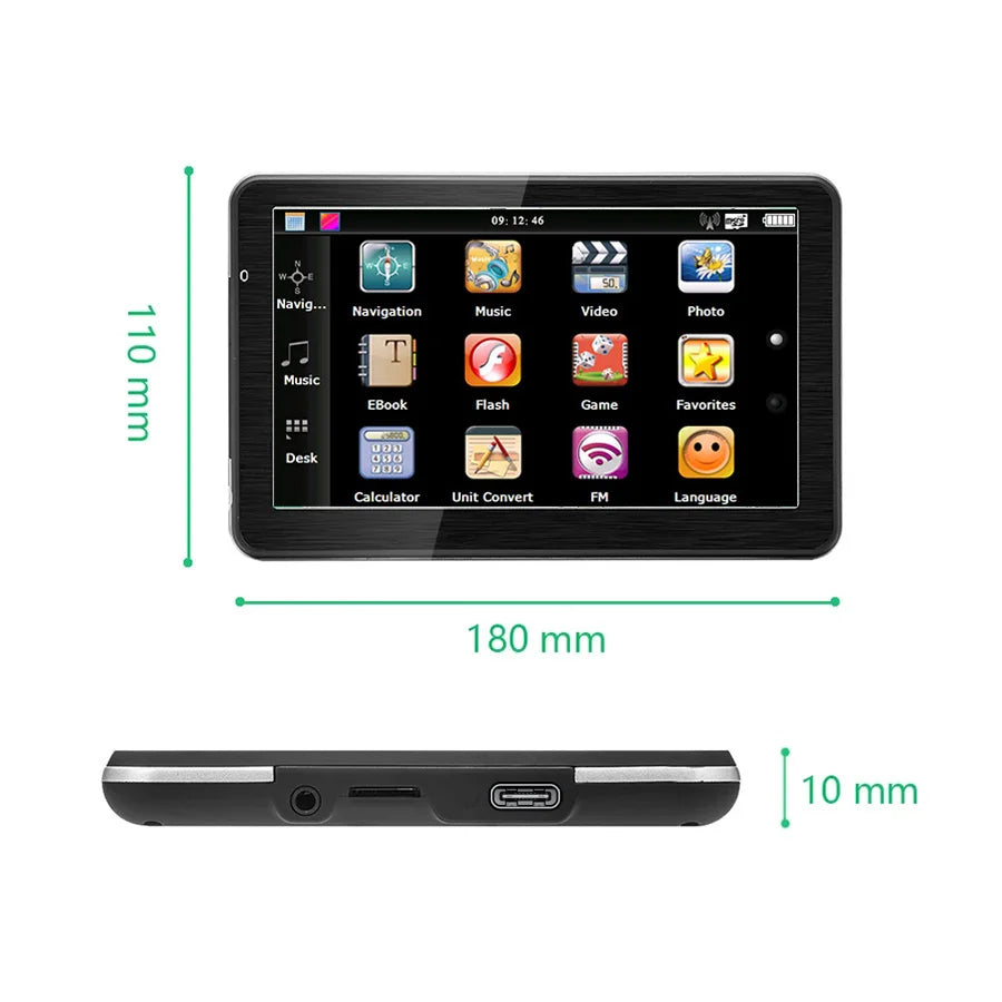 GPS Navigation System Sunshade 7 Inch Touch Screen GPS  built-in charger, FM transmitter, multimedia support for MP3, MP4, and various video formats