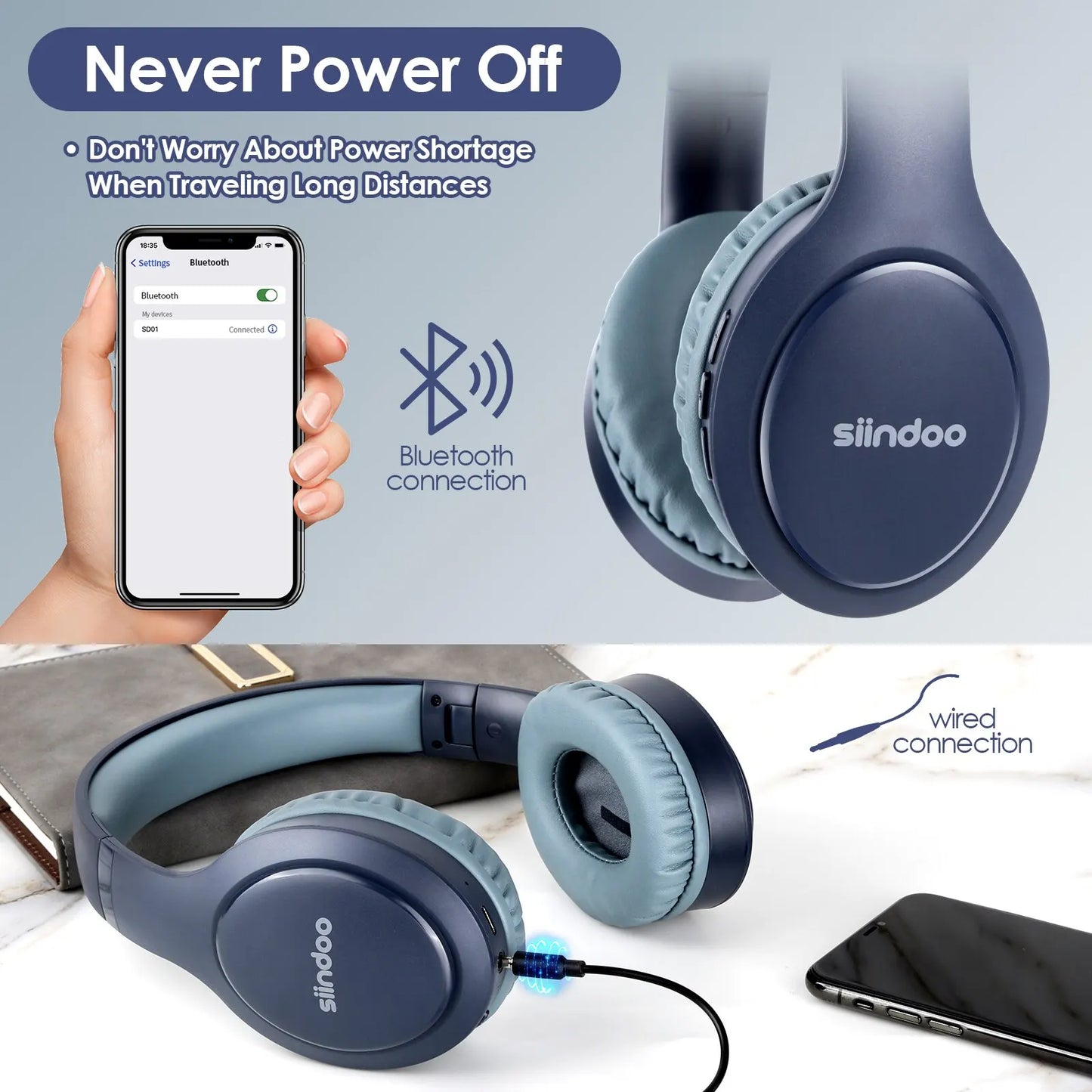 Wireless Bluetooth Headphones Foldable Stereo, Type-C charging port