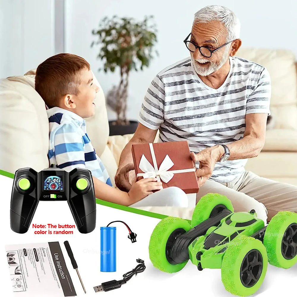 Remote Control Stunt Off-Road Car toy powered by lithium batteries, charger, remote controller, USB cable, and operating instructions.