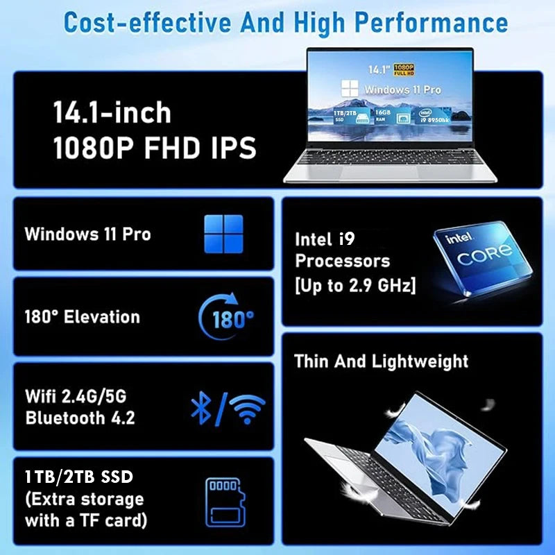Laptop computer 16GB RAM 2TB SSD core i9 laptop 14.1-inch 1920*1080 Computer PC Ultra Slim Laptop Intel Core i9-8950HK