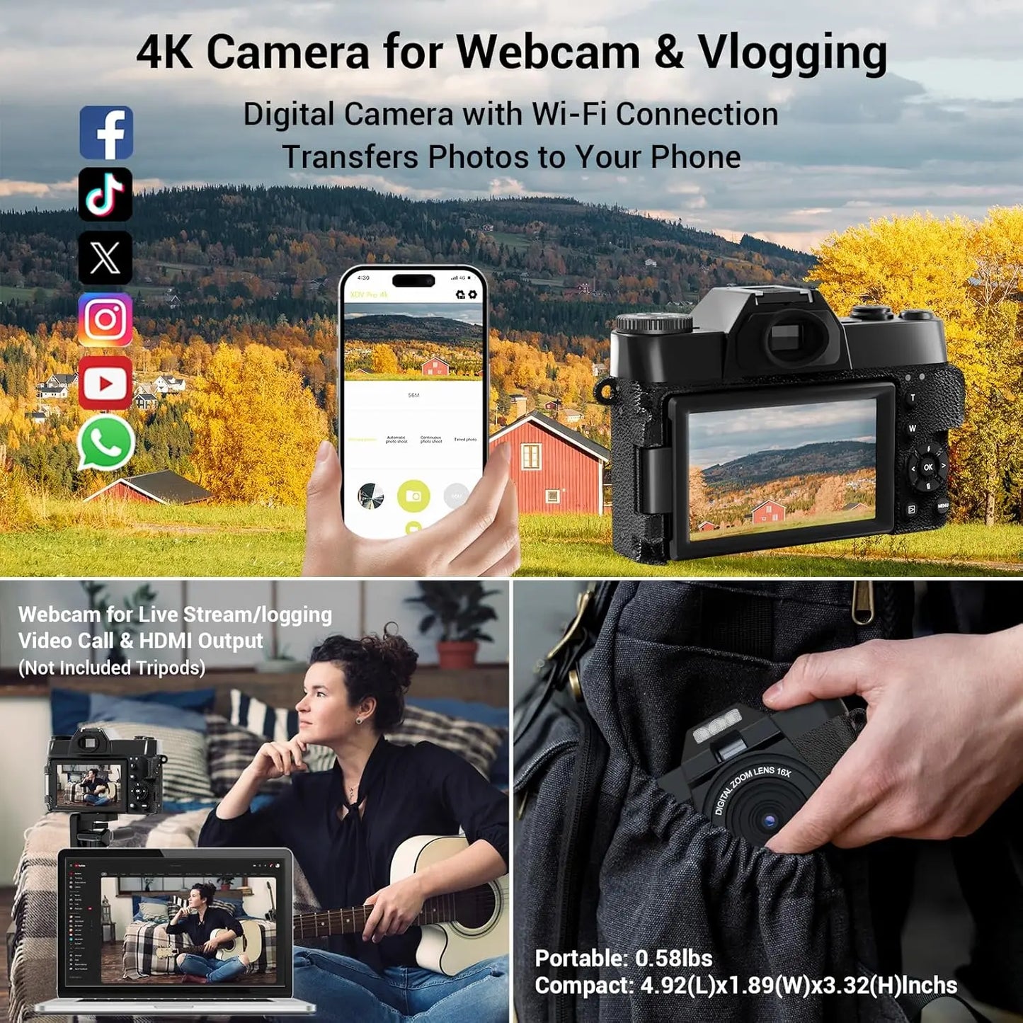 48MP 4K Vlog Cam with WiFi & 16X Zoom